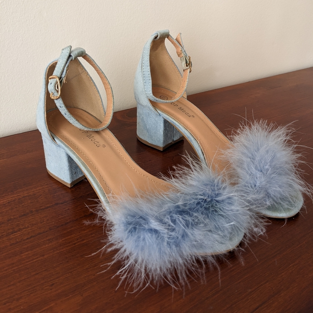 Baby blue fuzzy block heels